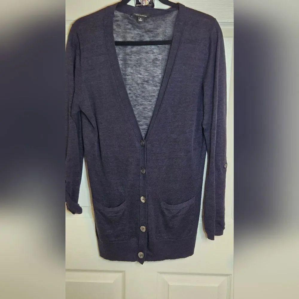 Ann Taylor M Navy Blue LINEN BLEND  Lslv Knit Buttons Up Women Cardigan Sweater